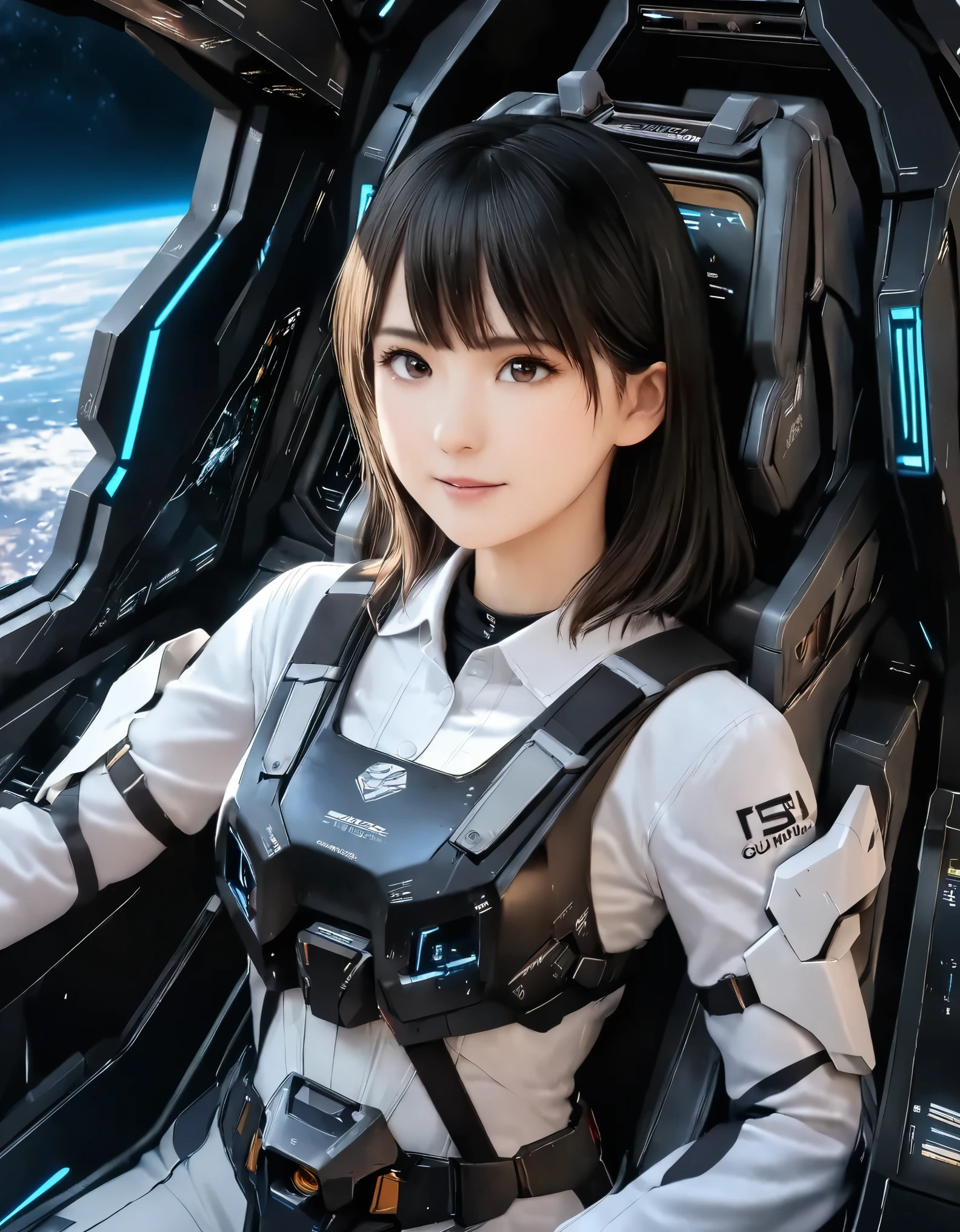(best quality, 8k, high resolution:1.2), 1girl, universe, earth, gundamwingcockpit, upper body