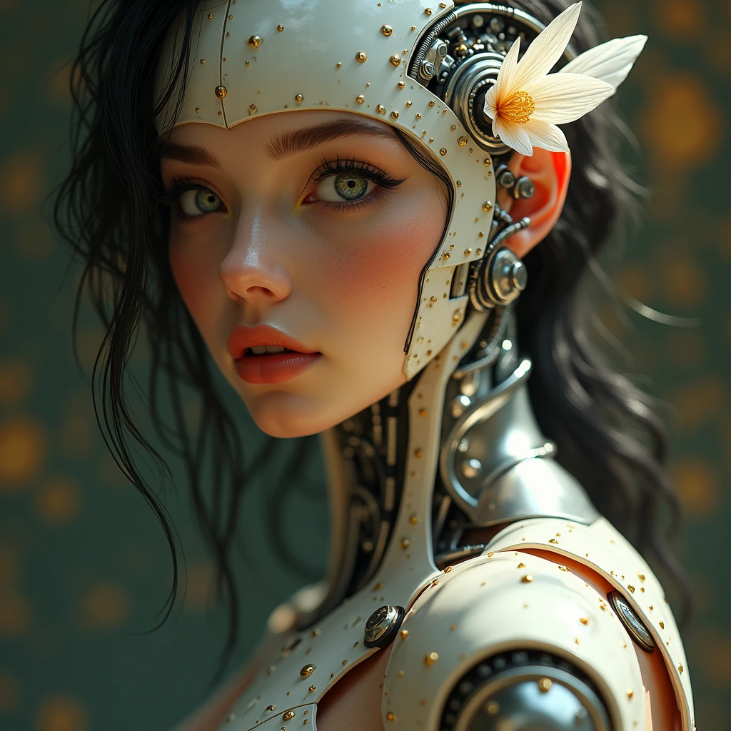 Woman naked only in gold body jewlry , ((flying on a board above the green wild jungle)) ((flying in the sky on the futuristic antigraviti hoverbord)), She flying, flying hoverbord, Highly Detailed Face and Skin Texture, big green eyes, juicy lips, bimbo lips, white skin, pale skin, fair complexion (afro curly Black hair), (pale skin), Detailed Eyes, Double Eyelids, afro curly black hair, gold metal cyberpunk tapes, metal Collar, metal gold futuristic ((vaginal piercing)), gold jewelry on wet body, wet skin. She is naked, puffy breast, gold substance on the naked breast, naked, White skin, she is on the futuristic cyberpunk flying disc drone in the jungle, futuristic cyberpunk pilot helmet on head. Piercing in the nose.
