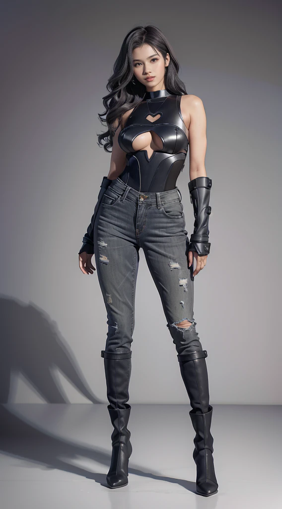 Full Body Photo. Studio Background. 8k HD good quality image. Sana from Twice has an ideal body, big breast, big butt, sexy wavy body, straight long black hair, wearing a Grey Iron Man armor without the helmet. Grey Iron Jeans. Grey Iron Boots. FULL BODY FROM HEAD TO TOE. Standing in a FULL HEIGHT FROM HEAD TO TOE. 

The picture must show a complete head to toe picture of Sana