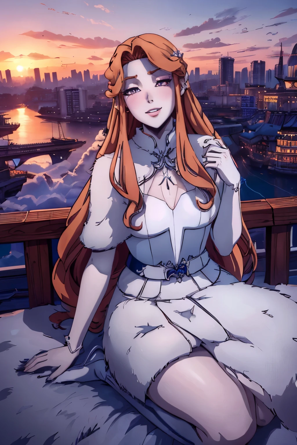 official art, masterpiece, sharp focus, (beautiful gorgeous cute Korean woman:1.3), (beautiful cute korean:1.3), Delicate and beautiful hair and eyes and face, realistic, ultra detailed, beautiful girl, blue sky, glow white particle, (sidelighting:1.2), sun light, white cloud, detailed clouds, slender, Lovely very large breasts and very large hips, smile with teeth, ((smile with eyes, open both eyes)), scenery, long straight hair, sexy facial expression, building, (cityscape:1.7), dynamic hair, long straight hair, (blue pleated shirts + white skirt), white long socks, pale skin, hair ornament, epic scenery,