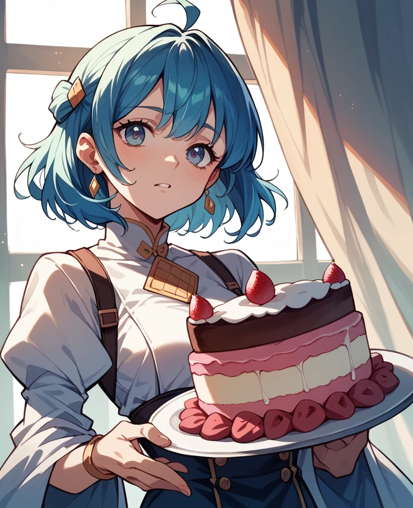 1 girl, look at viewer, take a cake,simple background