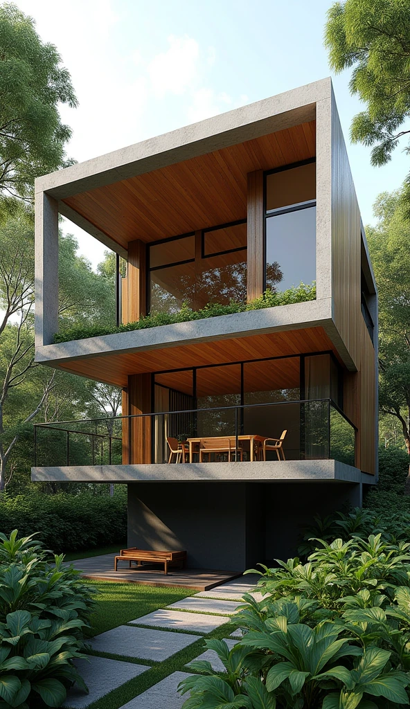 "Generate a modern tropical house design featuring an elevated structure with concrete columns and wooden paneling. The house should have large glass windows, an open area on the ground floor with a dining space, and a wooden terrace on the upper floor. Surround the house with lush greenery, creating a natural and peaceful environment."
