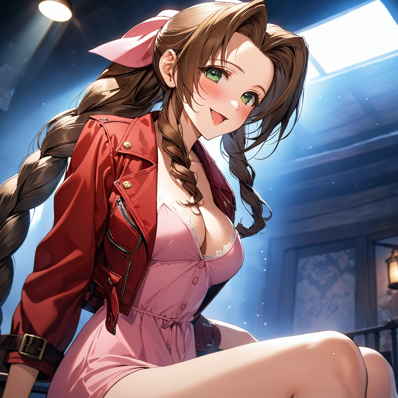 masterpiece, Best Quality, High resolution,16k,official art,super detailed skin,detailed,animated painting,(Aerith Gainsborough),1990s \(style\),(E-cup beautiful breasts)、 (tall:1.2),height: 175cm,Fashion model body type、Sexy long legs,Brown Hair,forehead,up bang hair,center parted swept bangs,wavy sidelocks,solo braid、red jacket,pink onepiece dress,Sweating all over the body、vapor、Muscular、1girl,nsfw,(Ahegao:1.3),smile,blush,(vulgarity:1.5)、Anime-style painting style,Close up on upper body,Cinematic lighting,Superfine,magnificent view、inn of fantasy game、night,Seductively Posing,kiss