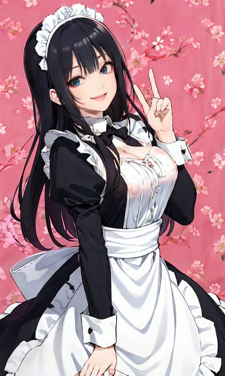 Shojo style,  JK style , ( flower background ), Romantic, (Fiona ), 1 woman,((( naughty smile ,elder sister))), Black curly hair,Long black hair,alone, Braid,((Maid&#39;s outfit, Short skirt,Open chest,Show your boobs:1.35, big breasts:1.35,The cracks are obvious...., show red lingerie )),((bare chest)),Made headband decorated with ฟ้าอ่อน flowers.,  purple dress , glove, long-sleeved shirt, White Stockings, collar, Mascara,  lip makeup , white glove, black Bow,((knife, blood stain collection )), Bow, decorate, ( Look at the audience, smile Give the camera ..)  collarbone , Puffy arms,  silver accessories ,  full body , smooth,  light blue dress , court, Gag, Detailed Eyes, Cowboy Shooting, big breasts:1.5),Show your boobs,The brake marks are clearly visible........,((Big nipples))，(Pubic bone), Take a break, Visible breasts,Provocative gesture,I saw swollen nipples...,(((Large areolae:1.4,pink,The nipples are clearly visible............))),(Separate set showing nipples:1.4),(dance,Thai dance),(((Bare Breasts,)),