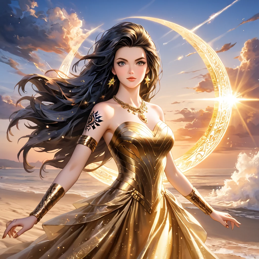 (A beautiful female sand goddess cinematically adorned.,  gold dress, Brilliant golden tattoo), (Quantum energy galactic shaman fantasy), fantastic magic, long hair, darkness light night, intricate, ethereal, sharp focus, illustration, Highly detailed, digital painting, conceptual art, death, (wlop art), (by Justin Gerard and Jason Edmiston: 1.5), ( by Greg Rutkowski: 0.4), (by Alphonse Mucha: 0.4),  masterpiece