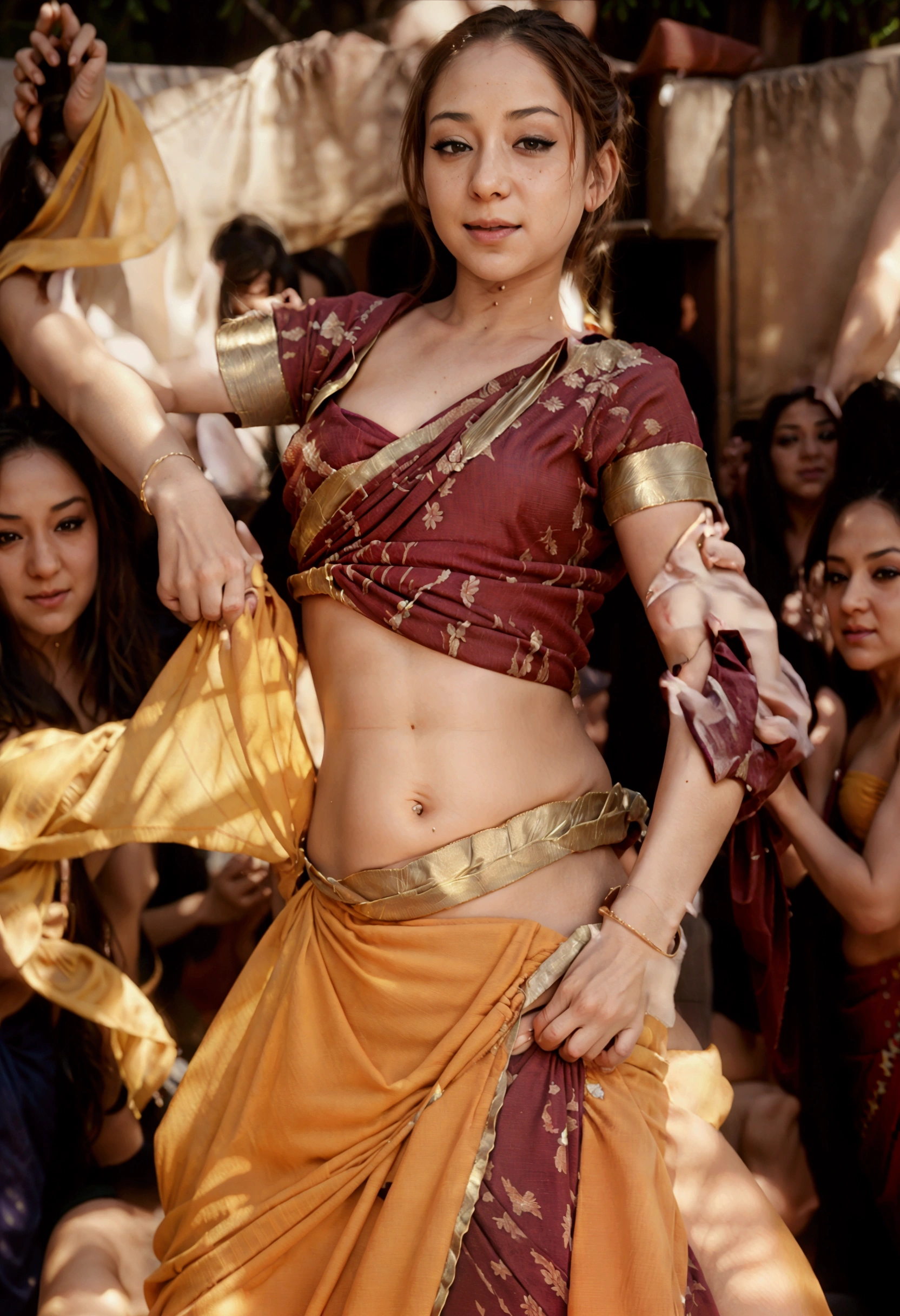 remy lacroix in a sari sari in a crowd, her belly button is exposed, still shot from movie, still from movie, movie stills, still from the movie, film still from the movie, still from a movie, movie film still, candid shot, movie stills photography, sunny leone, film movie still, sexy movie photo, she is dressed as a belly dancer