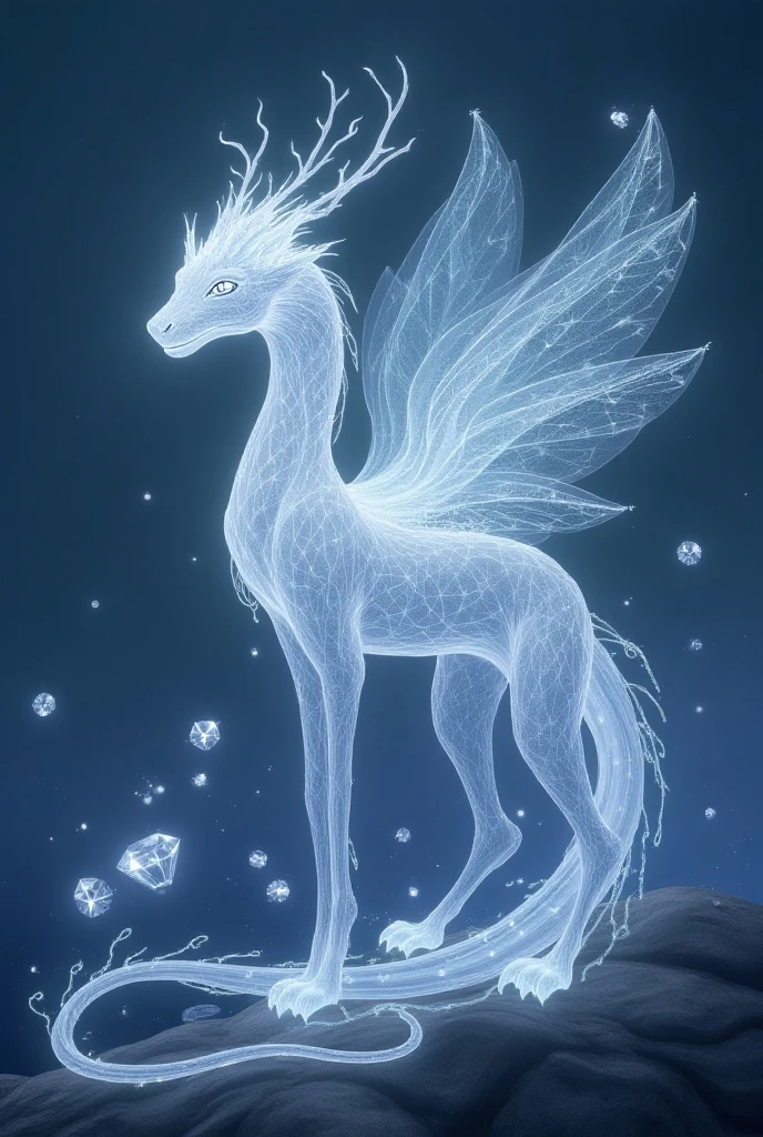 crystalline white dragon with friendly and soft features with a circle of silver energy between the two white horns and paws with sacred geometry shining in sky blue 