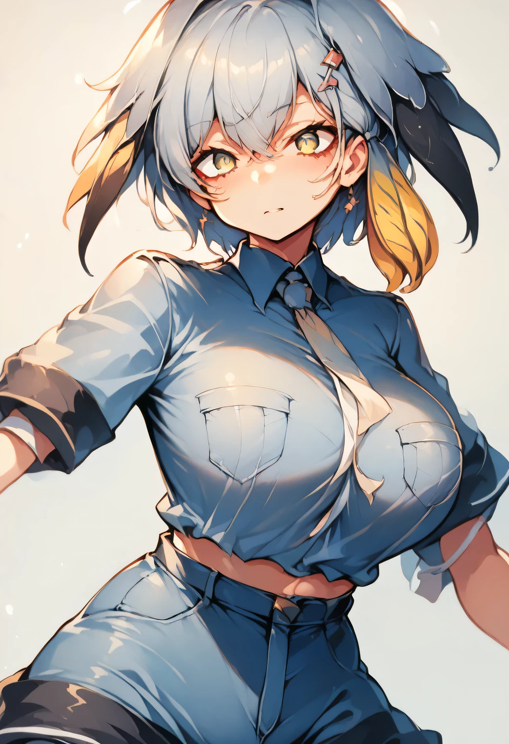 Gray hair, ((It has large gradient wings growing on both sides of its head)), yellow dyed hair tied with a hair clip next to the left ear, gray summer security uniform, white tie, V-cut bangs, sharp eyes, (large breasts)