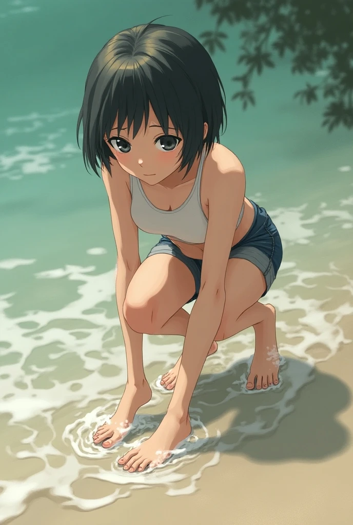 (masterpiece，Highest quality)，Evangelion，Very ，Rei Ayanami，，Very short stature，Very thin thighs，Very flat chest，Very small buttocks，Bluenette，short hair，Outside the abandoned house，Beach，Micro Bikini，squat，Urine stains，maikurobiki，barefoot，