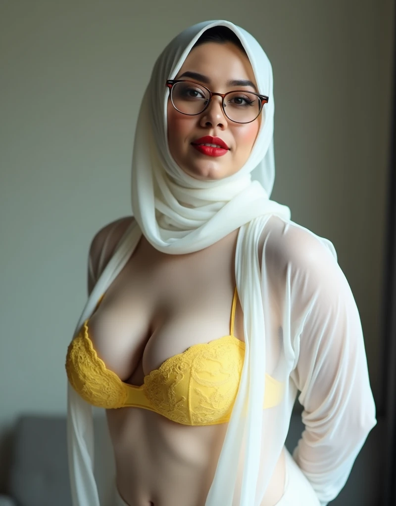 cleavage, RAW, Best quality, high resolution, Masterpiece: 1.3, Beautiful glasses pearl_skinned hijabi javanese wearing sexy princess, Soft smile, (Nudes),