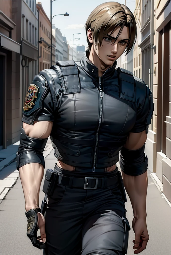 (Highly detailed CG), (Best Quality), (Highly detailed CG), (Best Quality), Back Alley,Leon S. Kennedy, SWAT Clothing, Beautiful and attractive young man, Lean and muscular,