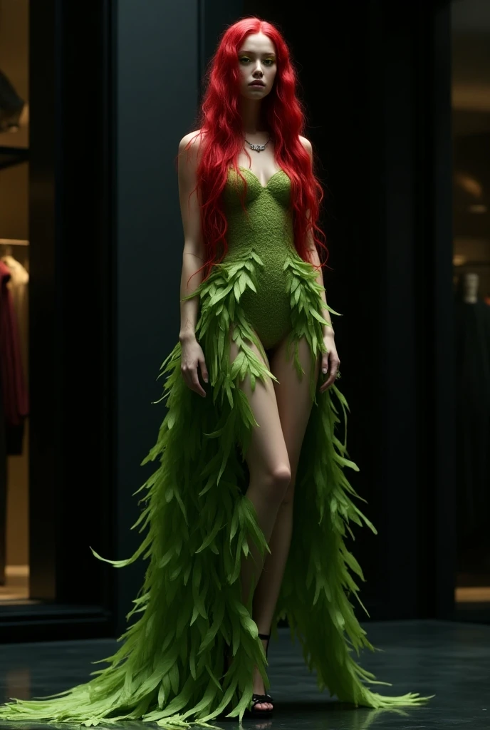 A hot milf, 40 year old, red hair, green dress, black leggings, green doc martens, giantess, lifting her right foot, pov shot, boot sole, full body shot