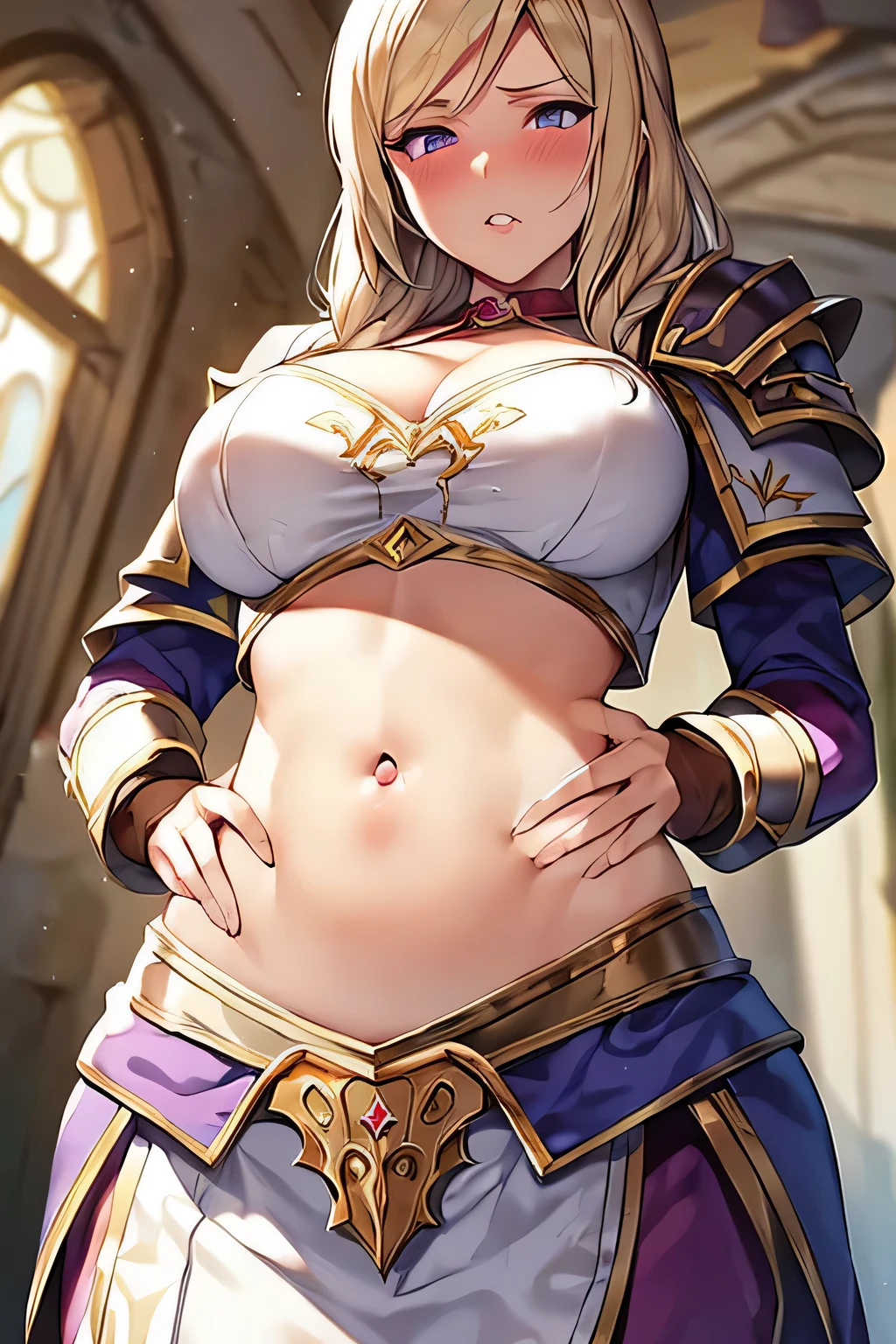 super fine illustration, vibrant colors, masterpiece, sharp focus, best quality, depth of field, ultra detailed, 1girl, solo, blush, purple waist cloth, long sleeves, armor,  warcraft, world of warcraft, WOW, jaina proudmoore, Elegant, looking down, blonde hair, body armor, shoulder pad armor, body armor, white skirt, red lipstick, night, indoors, leaning, hand on own stomach, shocked, afraid,  red lips, teeth, navel, embarrassed, medieval, pouting, midriff, belly