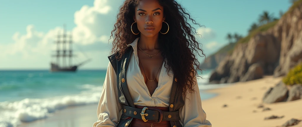 ((Masterpiece)), a beautiful African woman (Milla Jovovich:Lupita Nyong'o:0.5), brown-black hair, ((natural hair)), high detail steampunk pirate outfit, cleavage, at the helm of a steampunk airship, (UHD, 8K wallpaper, High resolution), Cinematic lighting, award-winning, extremely detailed skin, extra detailed face, high detail eyes, photo-realistic, Zeiss 85 mm F/1.4, by Ellen von Unwerth