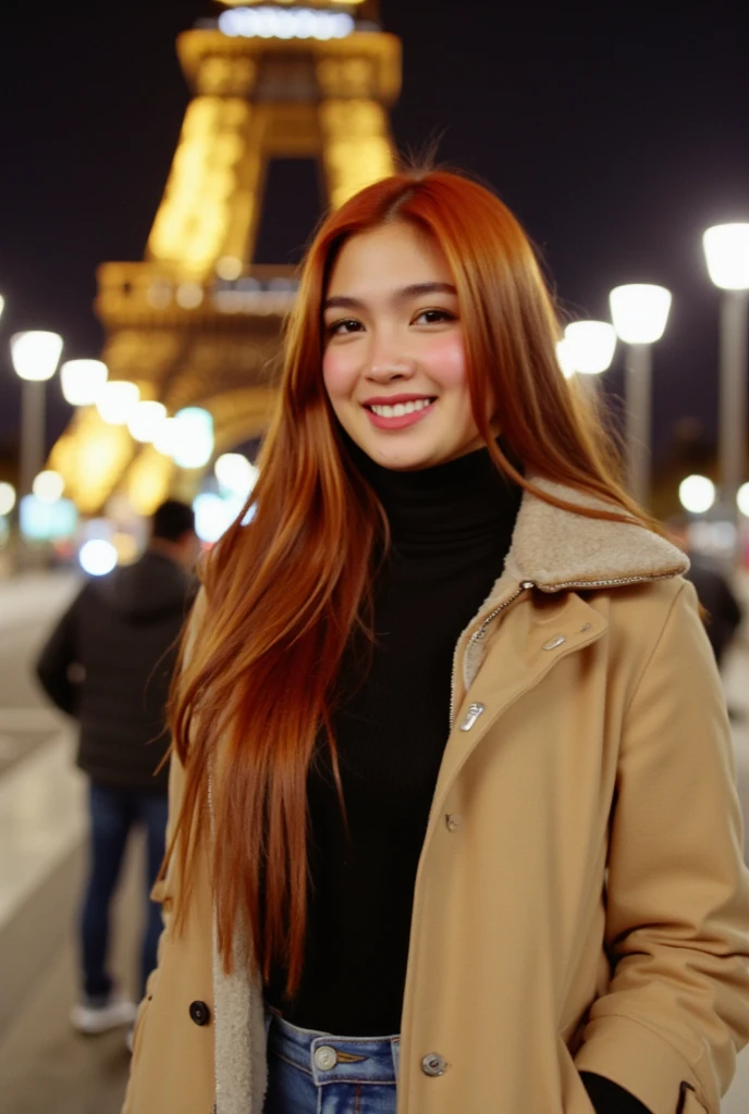 This photograph captures a young woman named h3av3n with striking long, vibrant red hair standing in front of the Eiffel Tower at night. The woman, who appears to be in her mid-20s, has fair skin and a cheerful expression with a broad smile. She is dressed in a cozy, light beige, fur-lined parka with a high collar, which contrasts against her dark black turtleneck. She also wears high-waisted blue jeans that accentuate her slim figure. The background features the iconic Eiffel Tower illuminated with warm yellow lights, casting a golden glow against the dark night sky. The tower's structure is slightly out of focus, adding a dreamy, romantic atmosphere. The blurred background also includes several streetlights and a few pedestrians, suggesting a bustling urban setting. The overall color palette of the image is warm, with the woman's hair and the Eiffel Tower lights providing a striking contrast against the cooler tones of the night sky and the streetlights. The photograph captures a blend of modern fashion and classic Parisian landmarks, evoking a sense of urban elegance and timeless beauty.