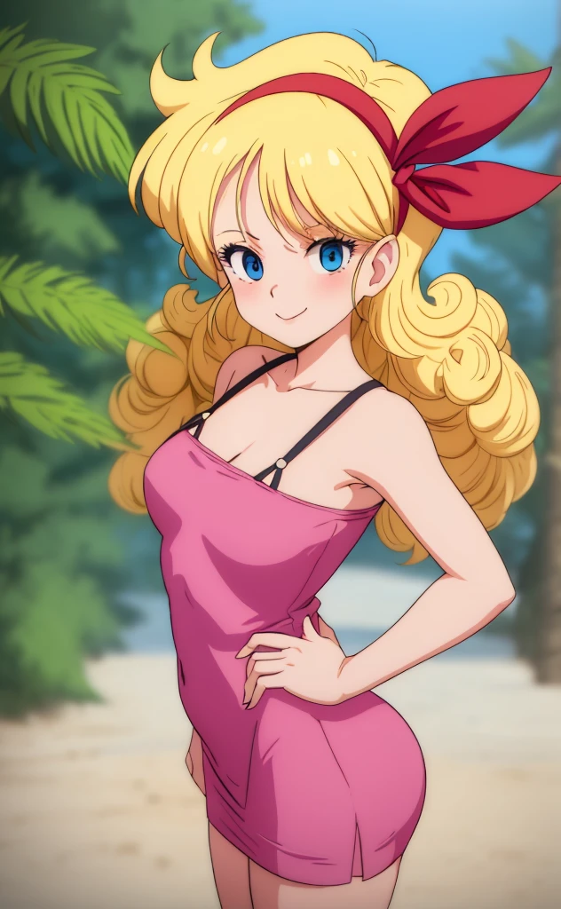 ((masterpiece, best quality)), insaneres, absurdres, solo, looking at viewer, BlondeHair_BadLaunch_ownwaifu, 1girl, long hair, blonde hair, curly hair, hair ribbon, blue eyes, medium breasts, red hairband, eyelashes, bangs, bare shoulders, collarbone, little dark pink tight dress, hands behind back, t3ghtdr3ss, outdoors, depth of field, vanishing point, (contrapposto), smile, headshot portrait
