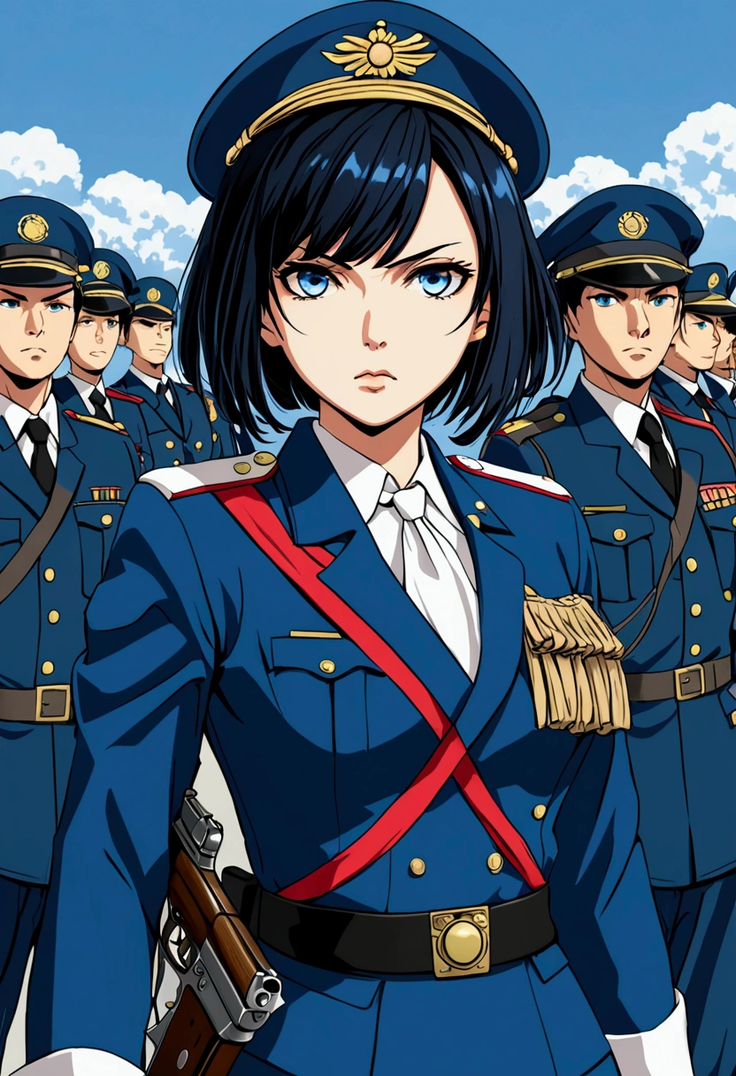 absurdres, 1girl, full body, dieselpunk military uniform, standing in a war room, official art, vivid color, finely detailed, hyper detailed, 8k, high resolution illustration, Masterpiece, best quality, intricate_detail