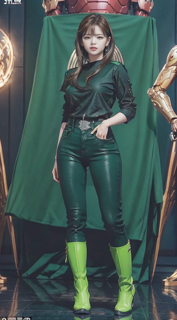 Full Body Photo. Studio Background. 8k HD good quality image. Jeongyeon from Twice has an ideal body, big breast, big butt, sexy wavy body, straight long black hair, wearing a Green Iron Man armor without the helmet. Green Iron Jeans. Green Iron Boots. FULL BODY FROM HEAD TO TOE. Standing in a FULL HEIGHT FROM HEAD TO TOE. 

The picture must show a complete head to toe picture of Jeongyeon