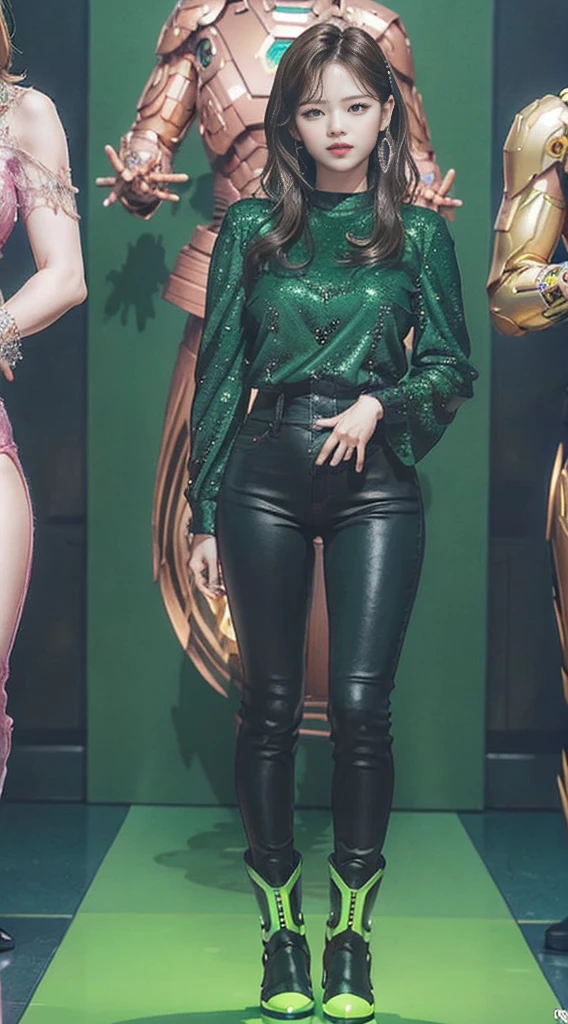 Full Body Photo. Studio Background. 8k HD good quality image. Jeongyeon from Twice has an ideal body, big breast, big butt, sexy wavy body, straight long black hair, wearing a Green Iron Man armor without the helmet. Green Iron Jeans. Green Iron Boots. Green LED Headphones. FULL BODY FROM HEAD TO TOE. Standing in a FULL HEIGHT FROM HEAD TO TOE. 

The picture must show a complete head to toe picture of Jeongyeon