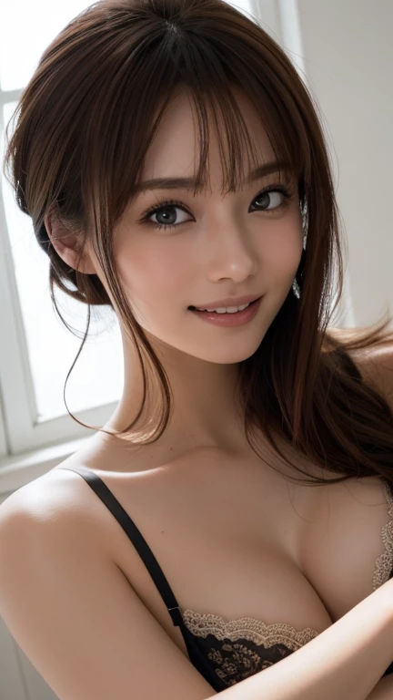 (Best Quality,8K quality,masterpiece:1.3),( super high definition,Realistic:1.4,Live Shooting),(Super detailed, caustics),( Ultra Realistic Capture ,  beautiful and detailed skin ),19 year old, Beautiful Japanese,  medium hair with bra off, Messy Hair,  asymmetrical bang, Brown Hair,  smiles at the camera ,Soft light,Light is coming in from above,Natural Light,