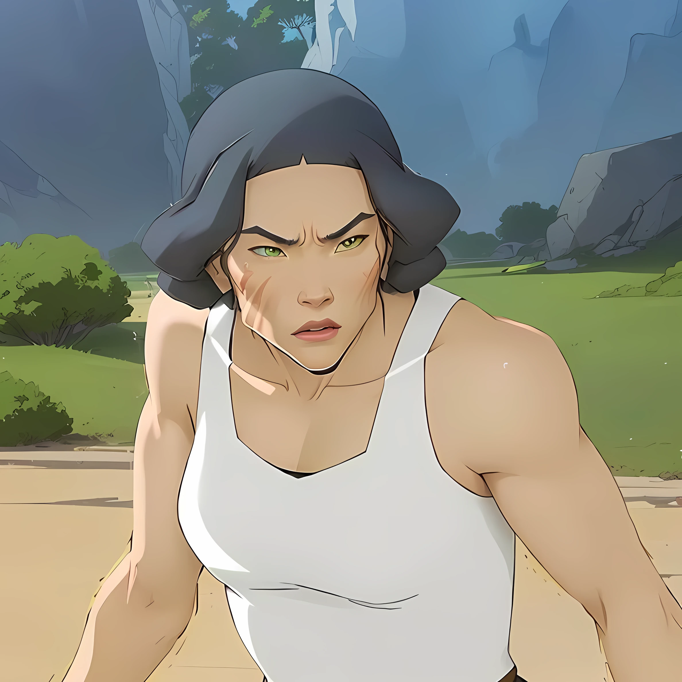  high definition, anime image of a woman , Lin Beifong from the legend of korra, legend of korra, portrait of avatar korra, legend of korra setting, muscular Lara Croft, Fujita Goro!,  the goddess Hera looking angry, Intimidating woman, in the anime movie, Lin Beifong, Modern Darna Portrait, scar on the cheek, gray hair, green eyes,