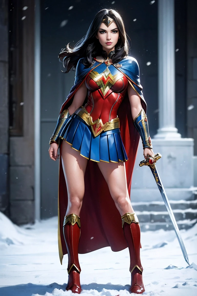 ((full body photo, standing)) masterpiece, best quality, 1girl, veronica, (((full body photo))) 1 girl, Wonder Woman, bracelet, black hair, blurred, armband, breathing, cape, cowboy shot, depth of field, restraint, gun restraint, lasso, looking at viewer , parted lips, pommel, realistic, reverse grip, shield, skirt, snow, neveing, alone, superhero, sword, tiara, toned, weapon, weapon behind back, ((work of art))
