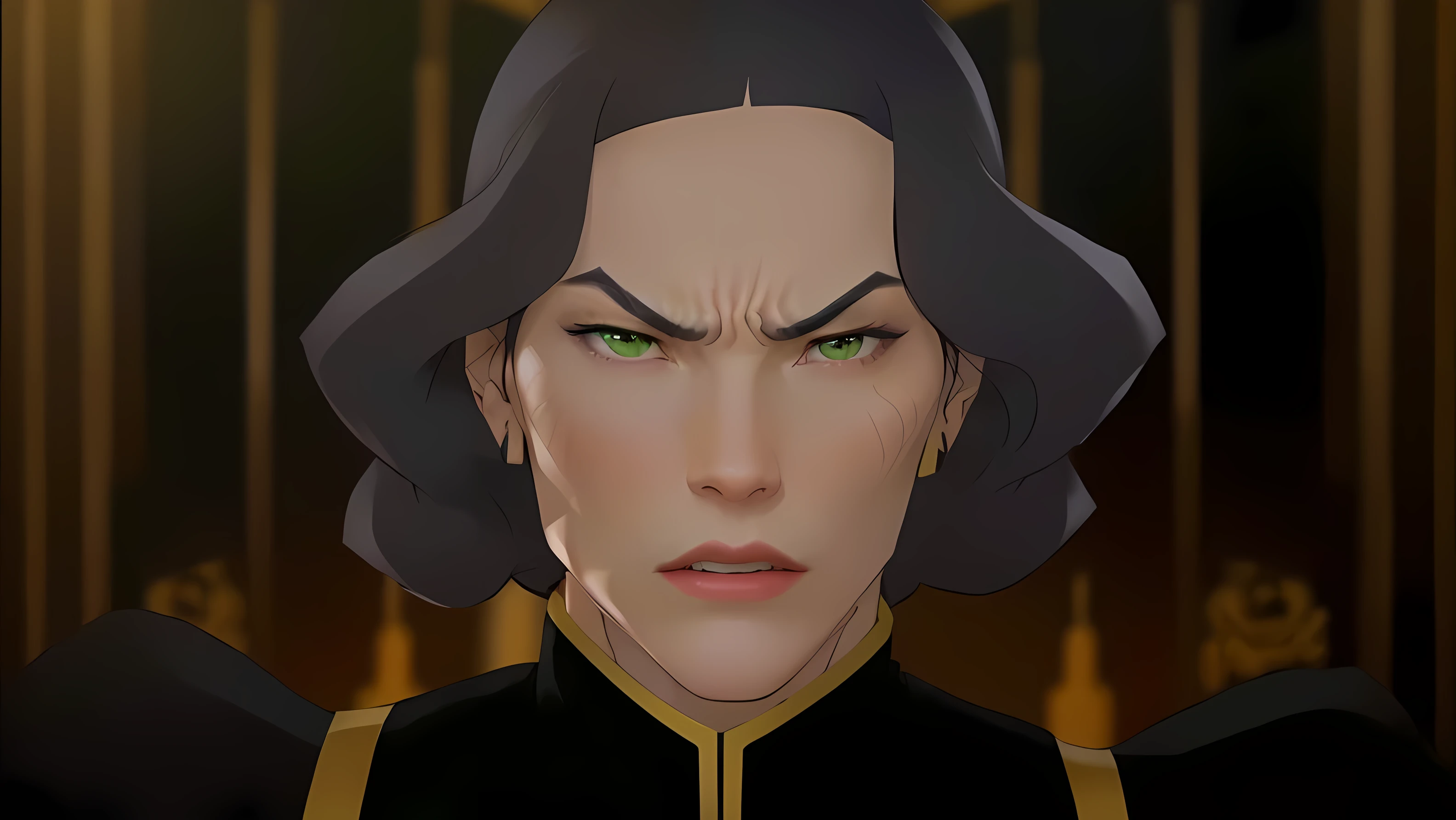 a close up of a person with a black hair and green eyes, anya de spy x family, Cassandra Cain, Lin Beifong, but a frown about her,  the goddess Hera looking angry, Britney Lee is an American actress and actress., Intimidating woman,  the goddess Hera looking angry, Cassandra Cain in satin, & His expression is solemn, avatar image, selina, , frown