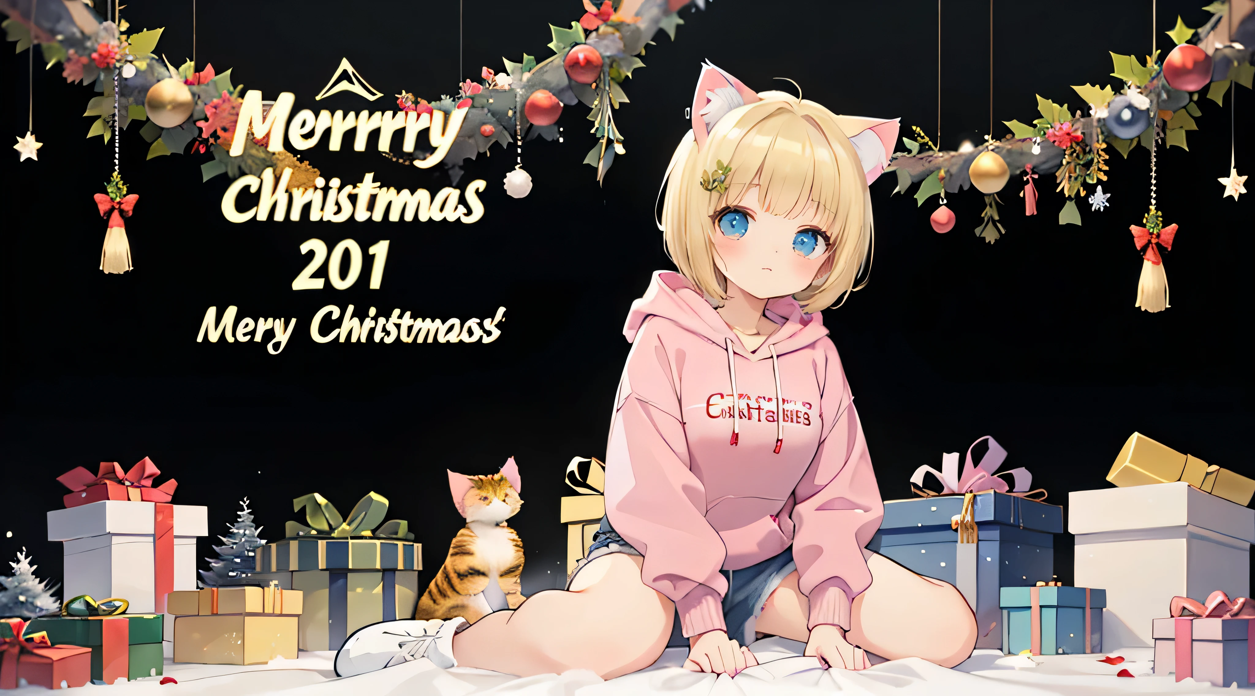 dynamic angle, dynamic pose, Blonde hair, (Graduation short hair:1.6), a girl in a pink hoodie, Christmas art style, Christmas theme, Christmas celebration, Christmas atmosphere, Christmas scene, Christmas night, detailed art in color, , Christmas wallpaper with reindeer, large view, kawacy, holy night, maplestory, short hair, bright blue eyes, big white hair ornament, (Blonde cat ears:1.6), pink hoodie, denim shorts, black sneakers,