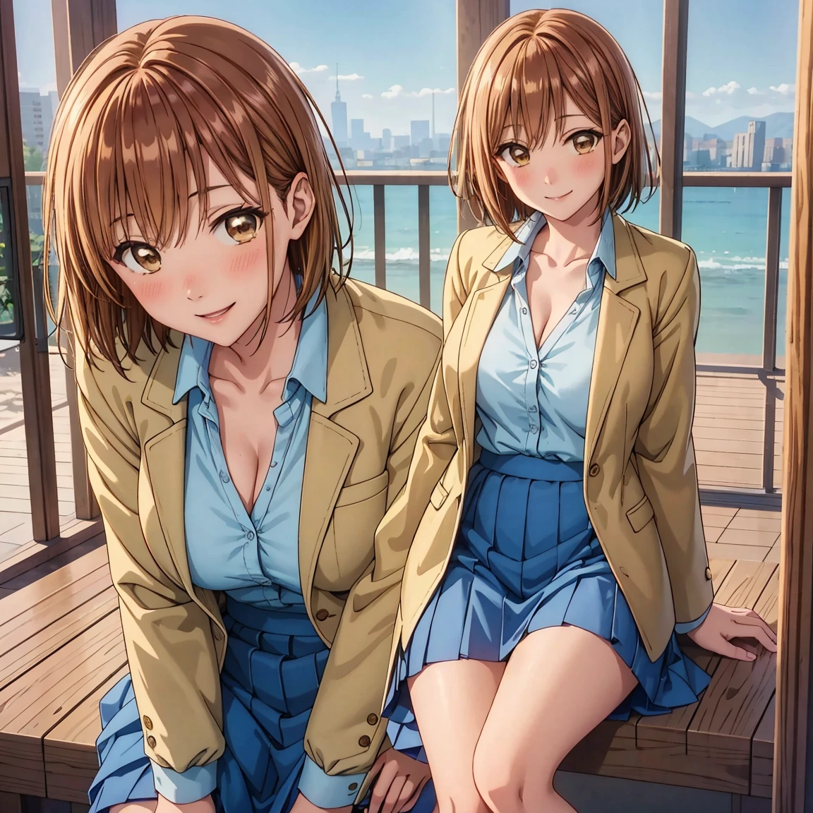 masterpiece, Best Quality, High resolution,16k,official art,super detailed skin,detailed,Kano Chinatsu,high school girl,(C cup beautiful breasts)、(tall:1.2),height: 170cm,Sexy long legs,Fashion model body type,gal,bangs, Blue Skirt, Brown eyes, Brown Hair,  highschool uniform,blue jacket, Staring at the audience, short hair, Sitting, smile, cleavage,Muscular、1girl,big laugh,smile、Shy、Shyness,Cool look,blush,A composition that shows the upper body,cinematic lighting,Superfine,magnificent view、park、autumn,(daytime:1.5),dynamic angle,extreme closeup