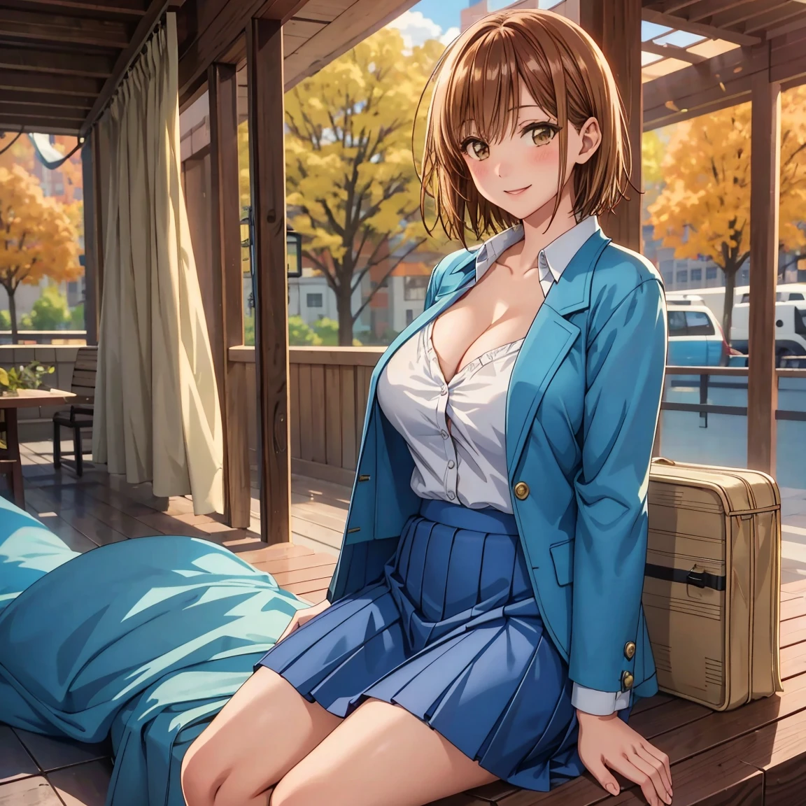 masterpiece, Best Quality, High resolution,16k,official art,super detailed skin,detailed,Kano Chinatsu,high school girl,(C cup beautiful breasts)、(tall:1.2),height: 170cm,Sexy long legs,Fashion model body type,gal,bangs, Blue Skirt, Brown eyes, Brown Hair,  highschool uniform,blue jacket, Staring at the audience, short hair, Sitting, smile, cleavage,Muscular、1girl,big laugh,smile、Shy、Shyness,Cool look,blush,A composition that shows the upper body,cinematic lighting,Superfine,magnificent view、park、autumn,(daytime:1.5),dynamic angle,extreme closeup