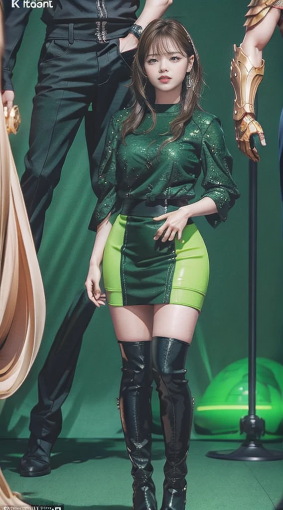 Full Body Photo. Studio Background. 8k HD good quality image. Jeongyeon from Twice has an ideal body, big breast, big butt, sexy wavy body, straight long black hair, wearing a Green Iron Man armor without the helmet. Green Iron Jeans. Green Iron Boots. Green LED Headphones. FULL BODY FROM HEAD TO TOE. Standing in a FULL HEIGHT FROM HEAD TO TOE. 

The picture must show a complete head to toe picture of Jeongyeon