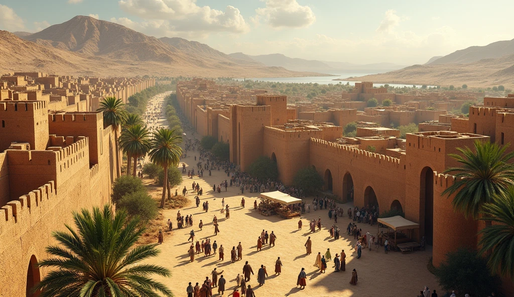 Prompt: Produce a high-resolution, cinematic image showcasing the thriving trade during King Solomon's reign. Depict a bustling marketplace with merchants, caravans, and valuable goods, emphasizing the wealth and prosperity of the era