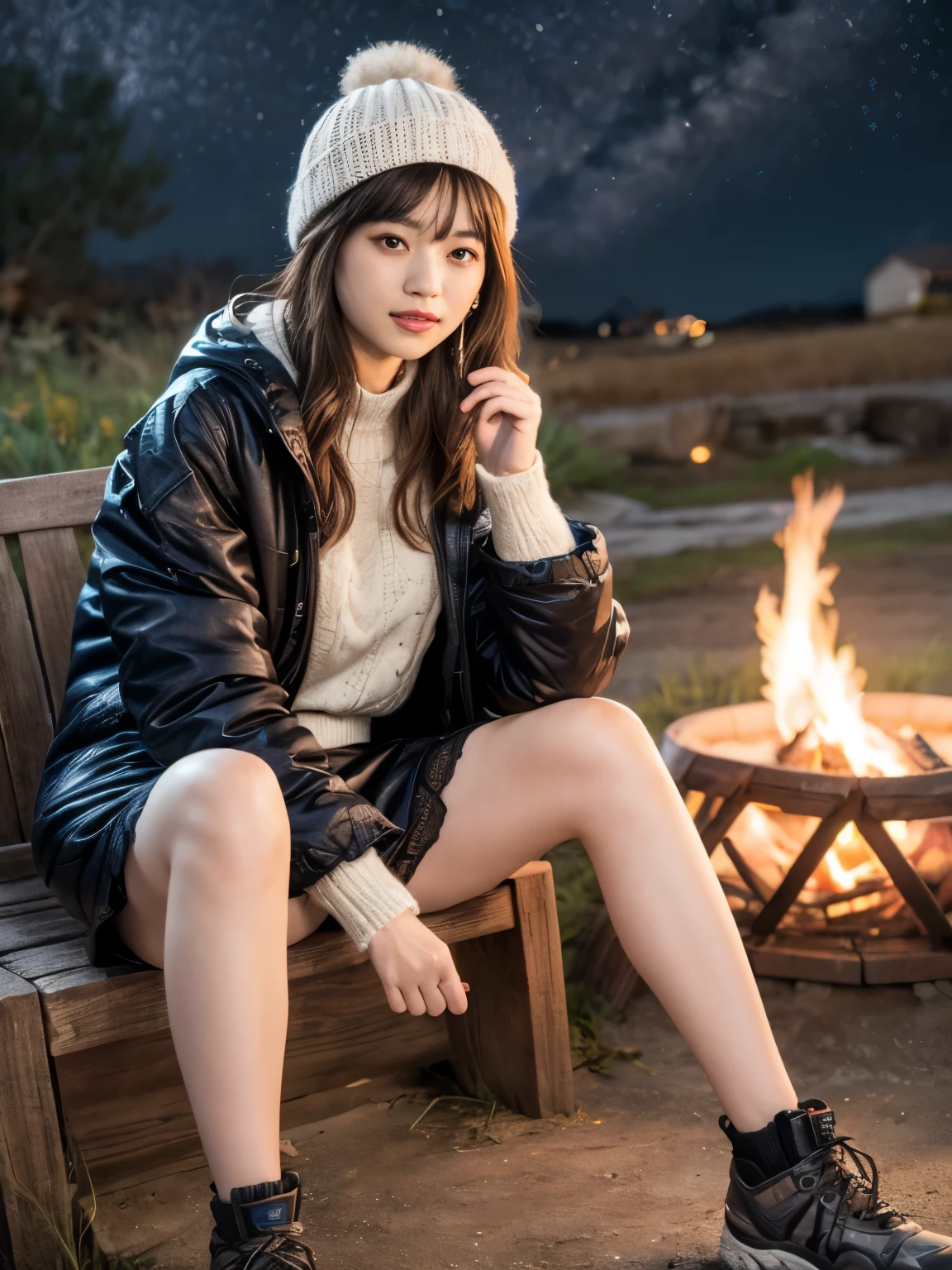 (((Night view)))、White Breath、Beautiful starry sky、In the mountains、in the forest、winter、Cottage))、Sit in front of the bonfire、Outdoor、(((Front open down jacket)))、Wear a sweater、Knitted hat、(((mini skirt)))、(Leg warmers)、(Trekking shoes)、 table、((small Breasts))、Steam rising from a mug、I feel it、Wavy long hair、bangs、High resolution、in 8K、Real Live Action、RAW Photosgraphy、Highest quality、masterpiece、Table Top、erotic,White skin,knees, Absurd,Small face、masterpiece,Highest quality、High resolution,RAW Photos,only,Beautiful poop,One person, One personで,whole body、very nice、Japanese women,(Realistic:1.4)、Photon Mapping、Realistic、Beautiful woman、Physics-based only dulling、Qianfang、Depth of field rally background、 Soft nose, Sparkling eyes、Glossy Lips、((Grab your skirt))、Spread your legs、(You can see the detailed lace panties.)、close face