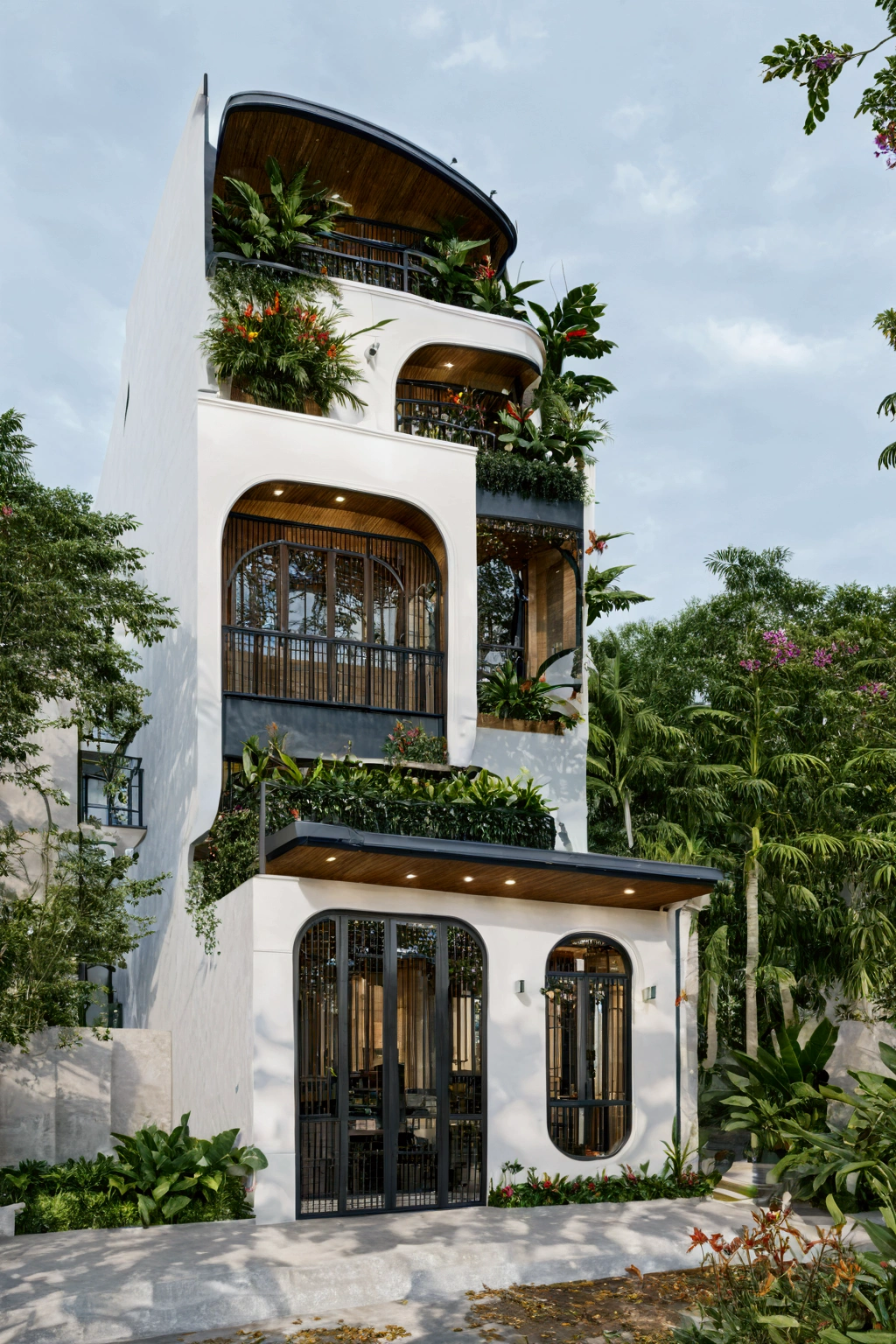 The house has 2 floors and 1 attic with a terrace. tall and narrow, modern design, steel gate and wooden details in harmonious color combination to flatter the eye. The outside is painted white, the front wall has many curves. Mix 6    outstanding colors with white as the main color. Outstanding colors combine in soft curves. The house has windows on all sides and (wooden and iron ceilings: 1,2). Materials include black steel and wood. The attic has a tree growing on the middle column in bright floral colors, blue and wood. Surrounded by tropical vegetation. The scene was shot from a 24mm perspective, with soft, natural lighting highlighting textures and materials, creating soft shadows that highlight the curves of the front wall and wooden details.