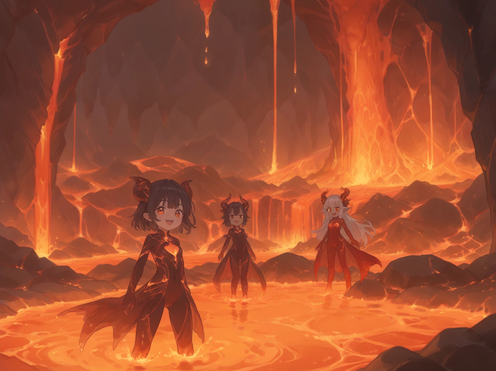 many girls\(evil,beautiful demon girl,long lava hair,lava skin,lava bunny suit,lava pantyhose,eye color lava,big eyes,eyes shining,sharp teeth,open mouth,lava horn,dynamic pose,breast\),background\((dark underground:1.3), lava cave,very shiny lava and lava lake everywhere,bedding plane,bulbous lava stalactite,pillar,chockstone,lava blister,lava coral,lava fall,lava rose,lava stalactite,lava tree,houses\(Cappadocia\)\),(landscape), score_9, score_8_up, score_7_up, score_6_up, score_5_up, score_4_up,source_anime, source_furry,rating_safe,