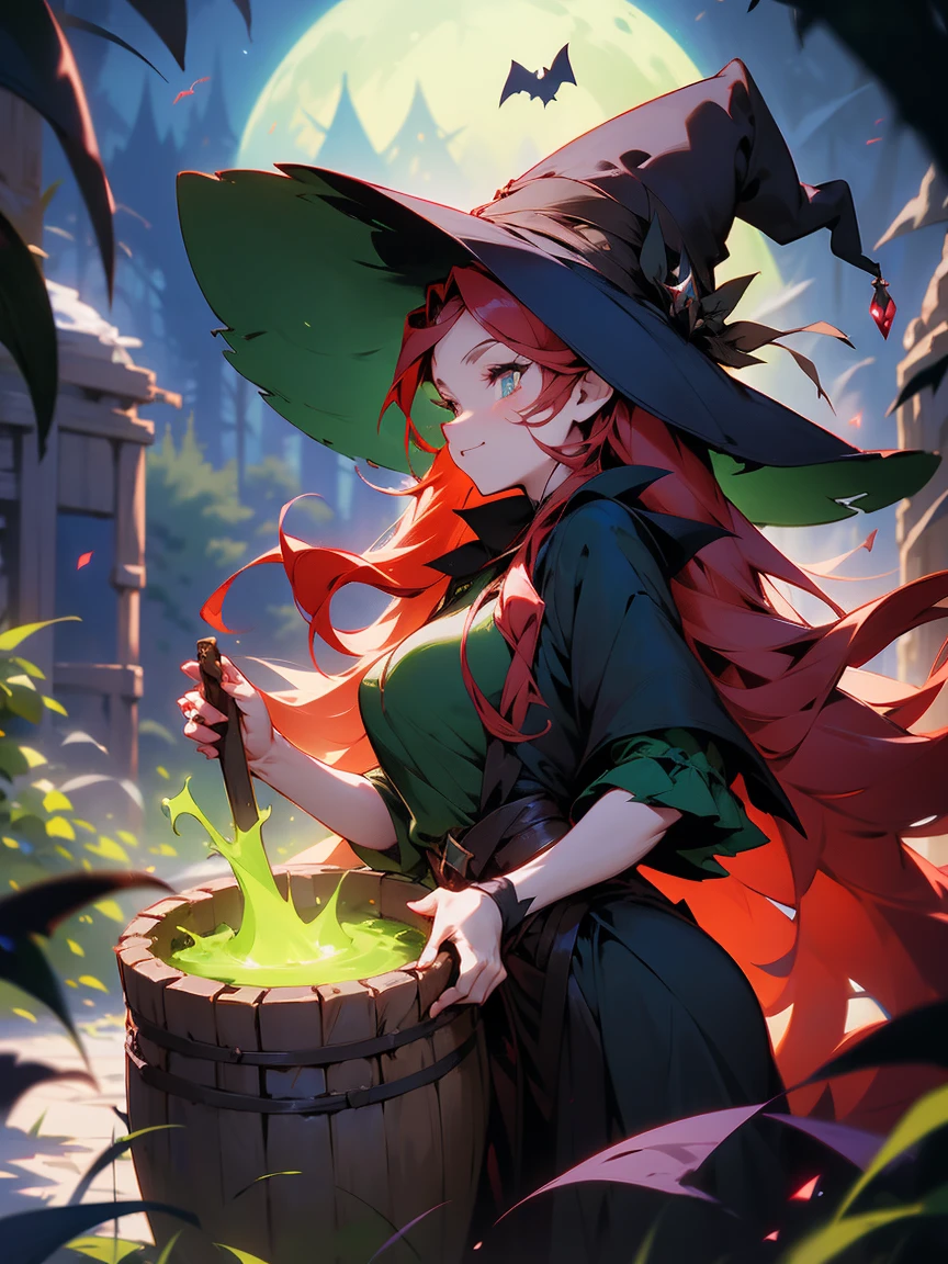 A seductive anime witch with long red hair, wearing a revealing green and black outfit. She stirs a glowing cauldron under the night sky, with eerie green mist rising around her. Her black witch’s hat is tilted slightly, and her gaze is mischievous as bats fly overhead.