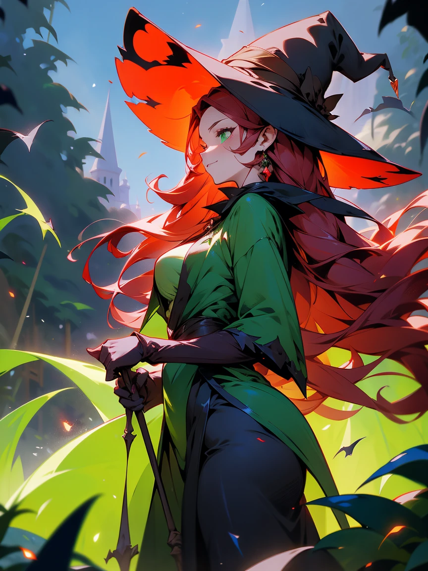 A seductive anime witch with long red hair, wearing a revealing green and black outfit. She stirs a glowing cauldron under the night sky, with eerie green mist rising around her. Her black witch’s hat is tilted slightly, and her gaze is mischievous as bats fly overhead.