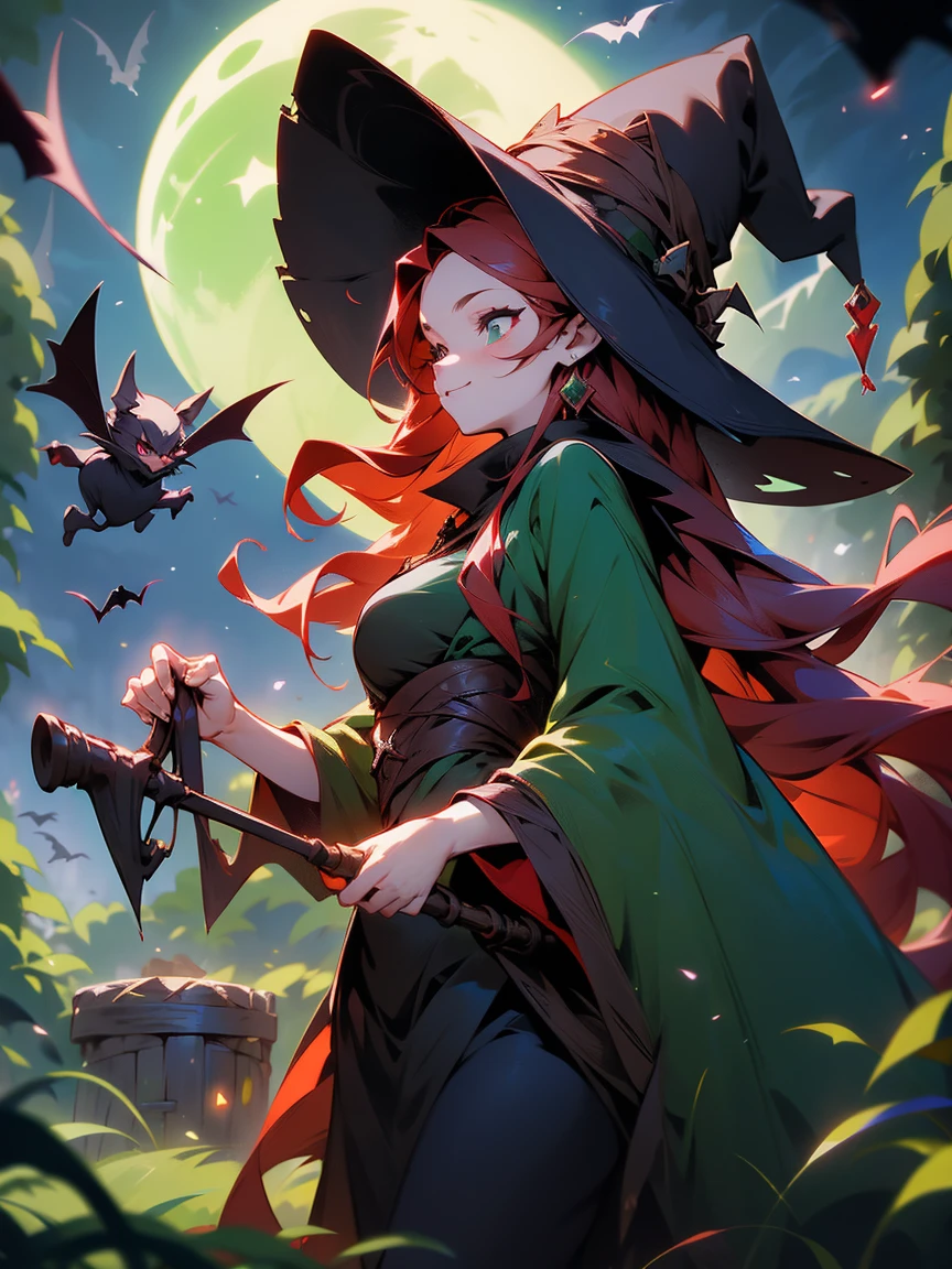 A seductive anime witch with long red hair, wearing a revealing green and black outfit. She stirs a glowing cauldron under the night sky, with eerie green mist rising around her. Her black witch’s hat is tilted slightly, and her gaze is mischievous as bats fly overhead.