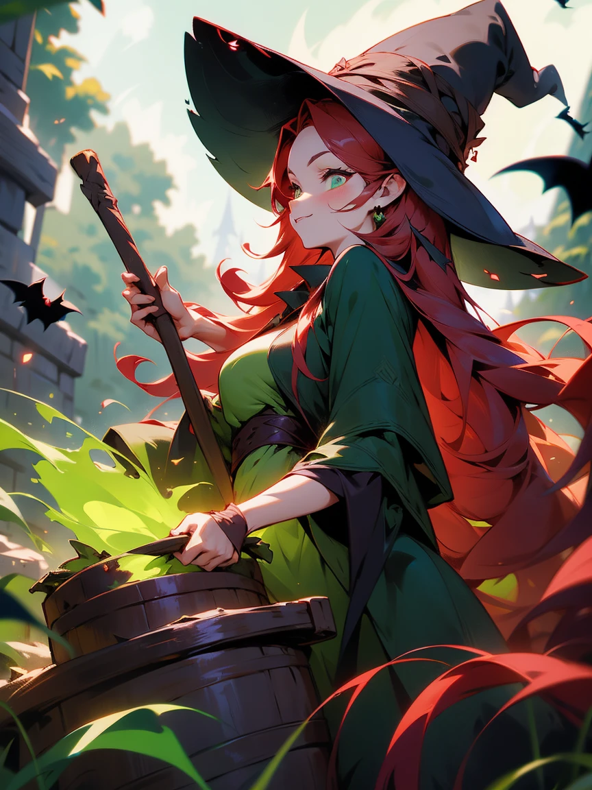 A seductive anime witch with long red hair, wearing a revealing green and black outfit. She stirs a glowing cauldron under the night sky, with eerie green mist rising around her. Her black witch’s hat is tilted slightly, and her gaze is mischievous as bats fly overhead.