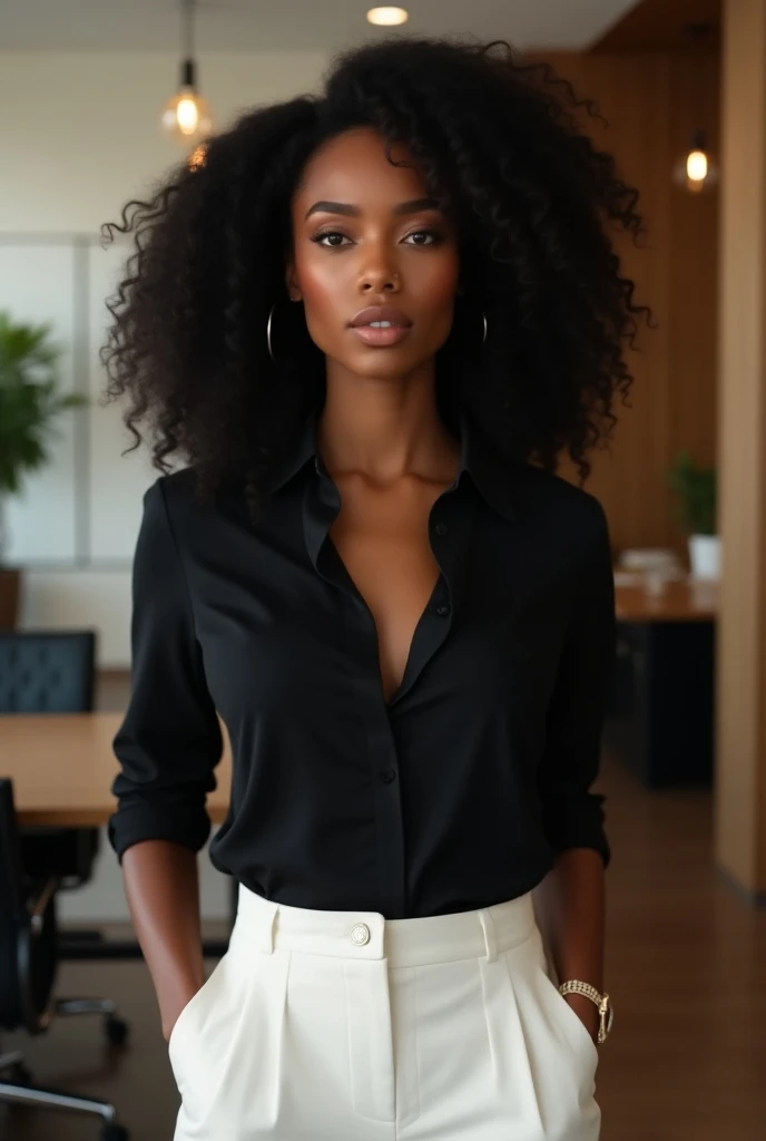 Beautiful African young adult very sexy medium chest and bouncy butt in secretary outfit leather skirt and white shirt open button