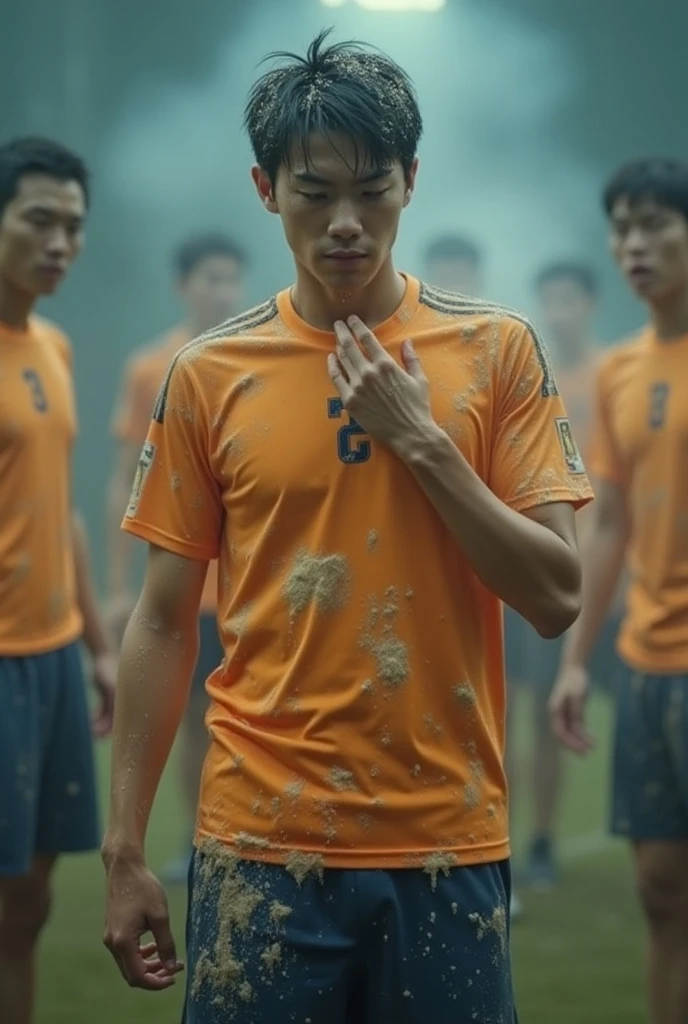 Asian football player play rondo and the player who are in the middle wears only underwear and grab his shirt on his hand