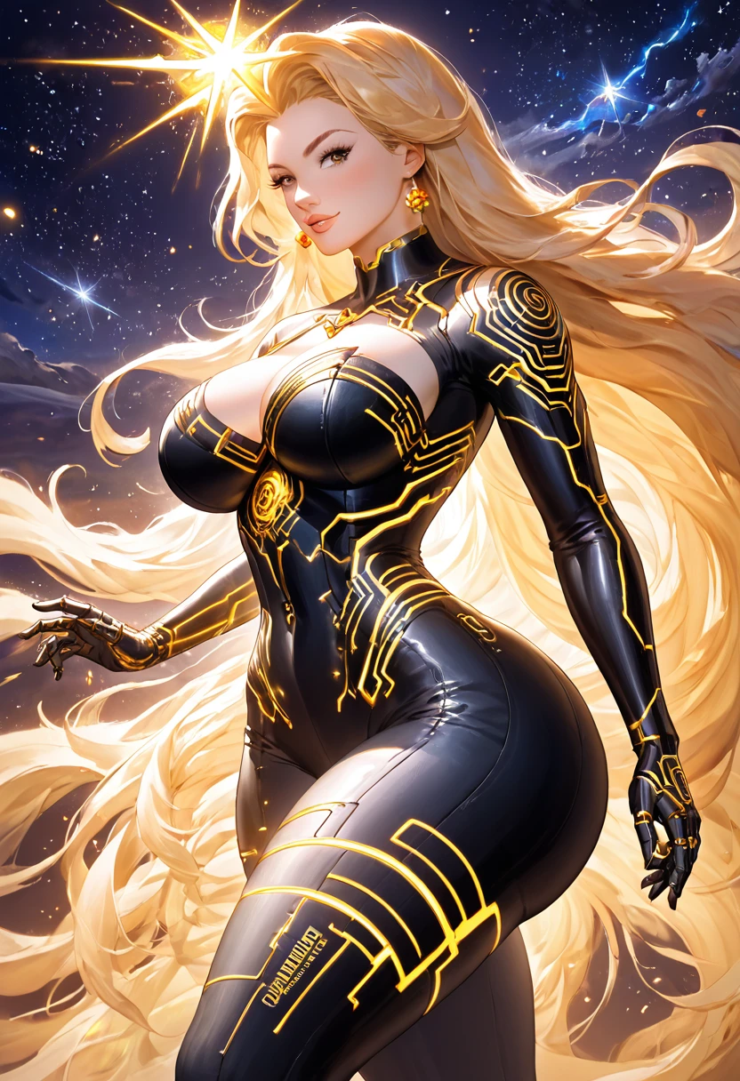 (A beautiful female robot goddess, cinematically adorned. (Quantum energy galactic shaman fantasy), fantastic magic, long hair, (big breasts,  big butt, thick thighs), darkness light night, intricate, ethereal, sharp focus, illustration, Highly detailed, digital painting, (By Justin Gerard), ( masterpiece) 