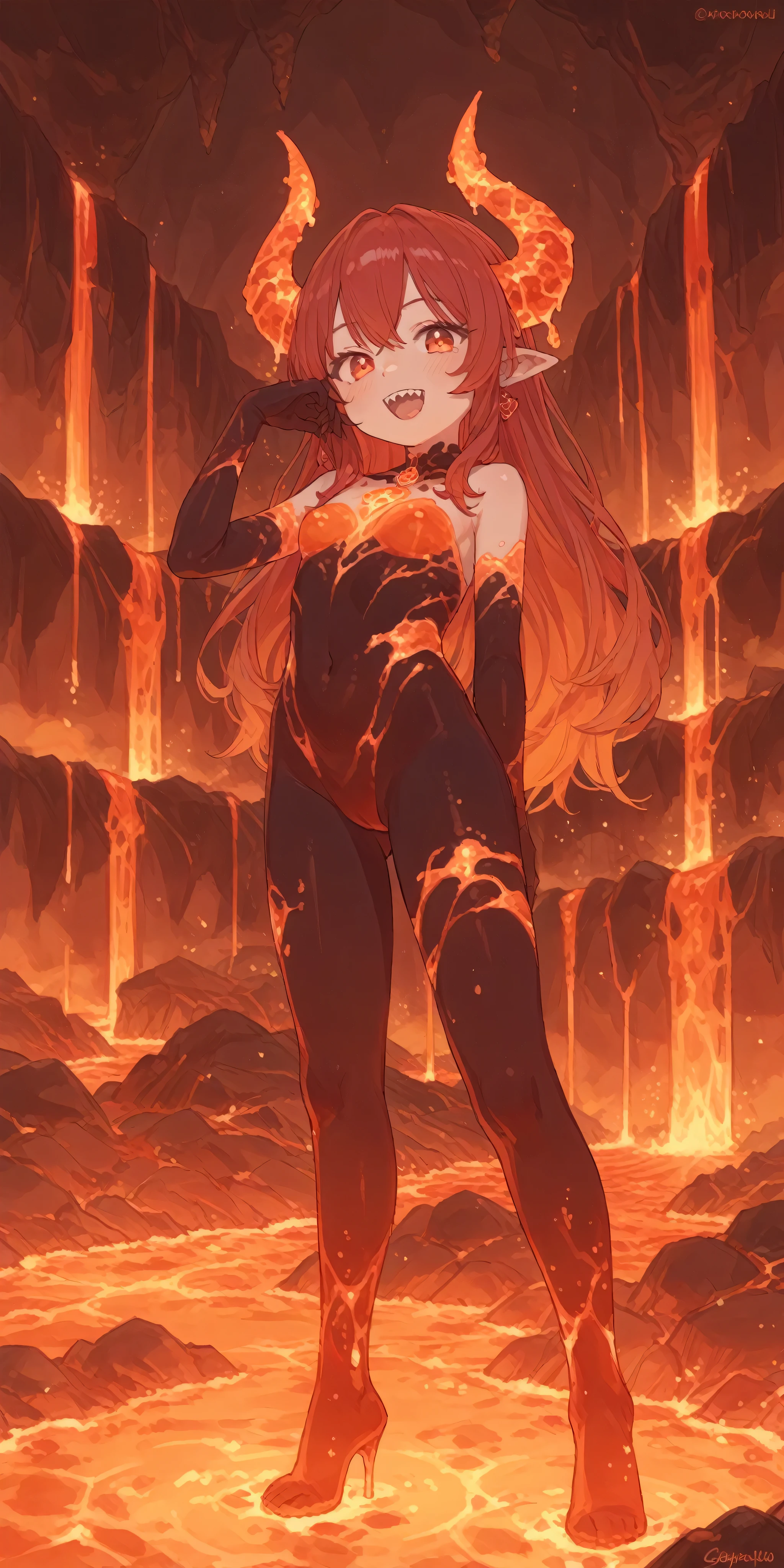 many girls\(evil,beautiful demon girl,long lava hair,lava skin,lava bunny suit,lava pantyhose,eye color lava,big eyes,eyes shining,sharp teeth,open mouth,lava horn,dynamic pose,breast\),background\((dark underground:1.3), lava cave,very shiny lava and lava lake everywhere,bedding plane,bulbous lava stalactite,pillar,chockstone,lava blister,lava coral,lava fall,lava rose,lava stalactite,lava tree,(houses\(Cappadocia\):1.5)\),(landscape:0.3), score_9, score_8_up, score_7_up, score_6_up, score_5_up, score_4_up,source_anime, source_furry,rating_safe,