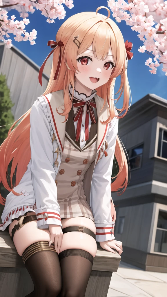 masterpiece, best quality, highres, kanadeyj, long hair, one side up, hair ribbon, hair ornament, ahoge, red eyes, neck ribbon, red ribbon, brown dress, white jacket, open clothes, long sleeves, thigh strap, black thighhighs, outdoors, cherry blossoms, standing, leaning forward, smile, open mouth, hand on own knee,