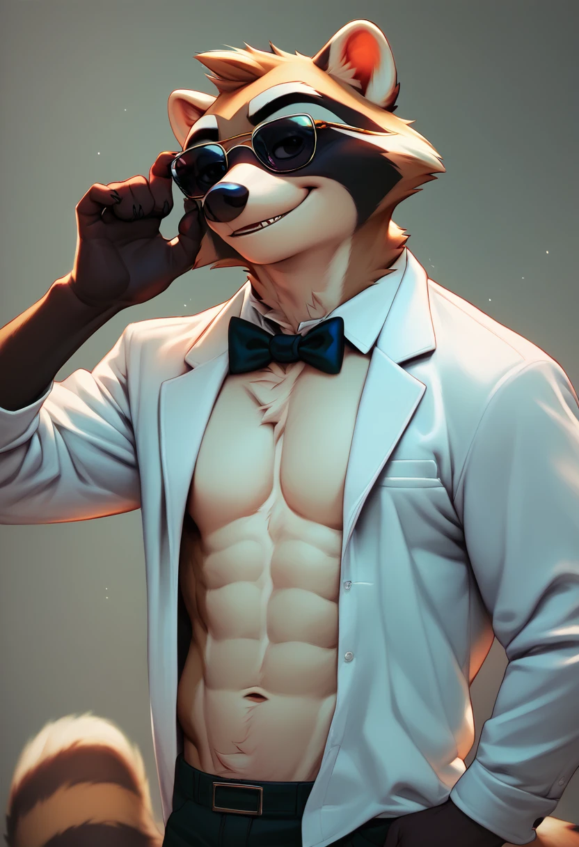 Close-up of a: man, Alone, furry, antromorfo, raccoon, masculine, ADULT FACE,  Abdominals , with hairstyle (Pompadour),.. attire: open white suit, Open white shirt, black dress pants, Black bow tie, and some sunglasses,.. bottom: Set, photo shoot, single white room,.. pose: Adjusting his glasses, (cara lateral, ladeado), smiling at the camera.