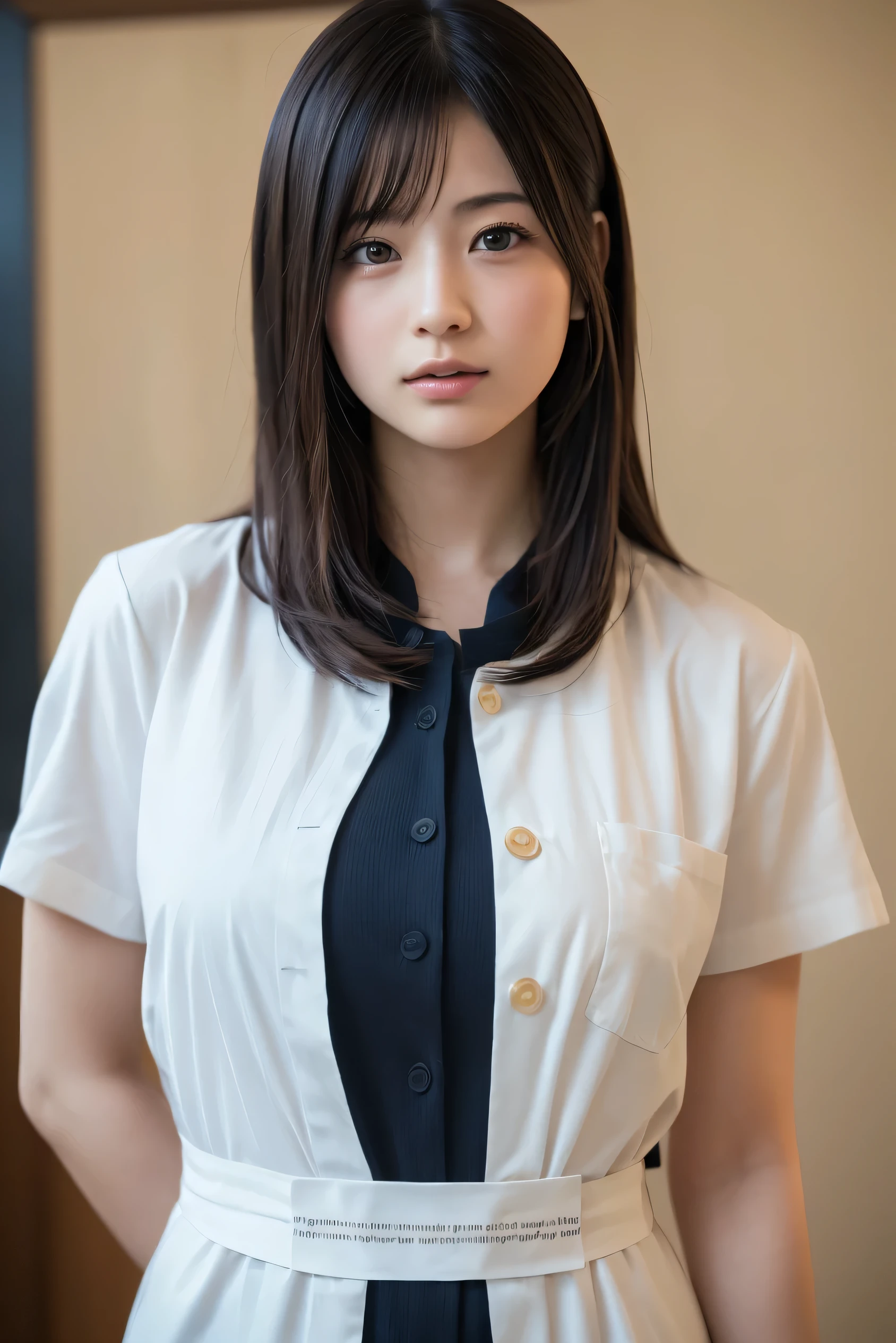 Best quality, masterpiece, ultra high res, (photorealistic:1.4), raw photo, 1girl, DARK hair, shiny skin, WET BODY, dramatic lighting, full body, bitch, (((naked on business collared white shirt))), flat chest breasts