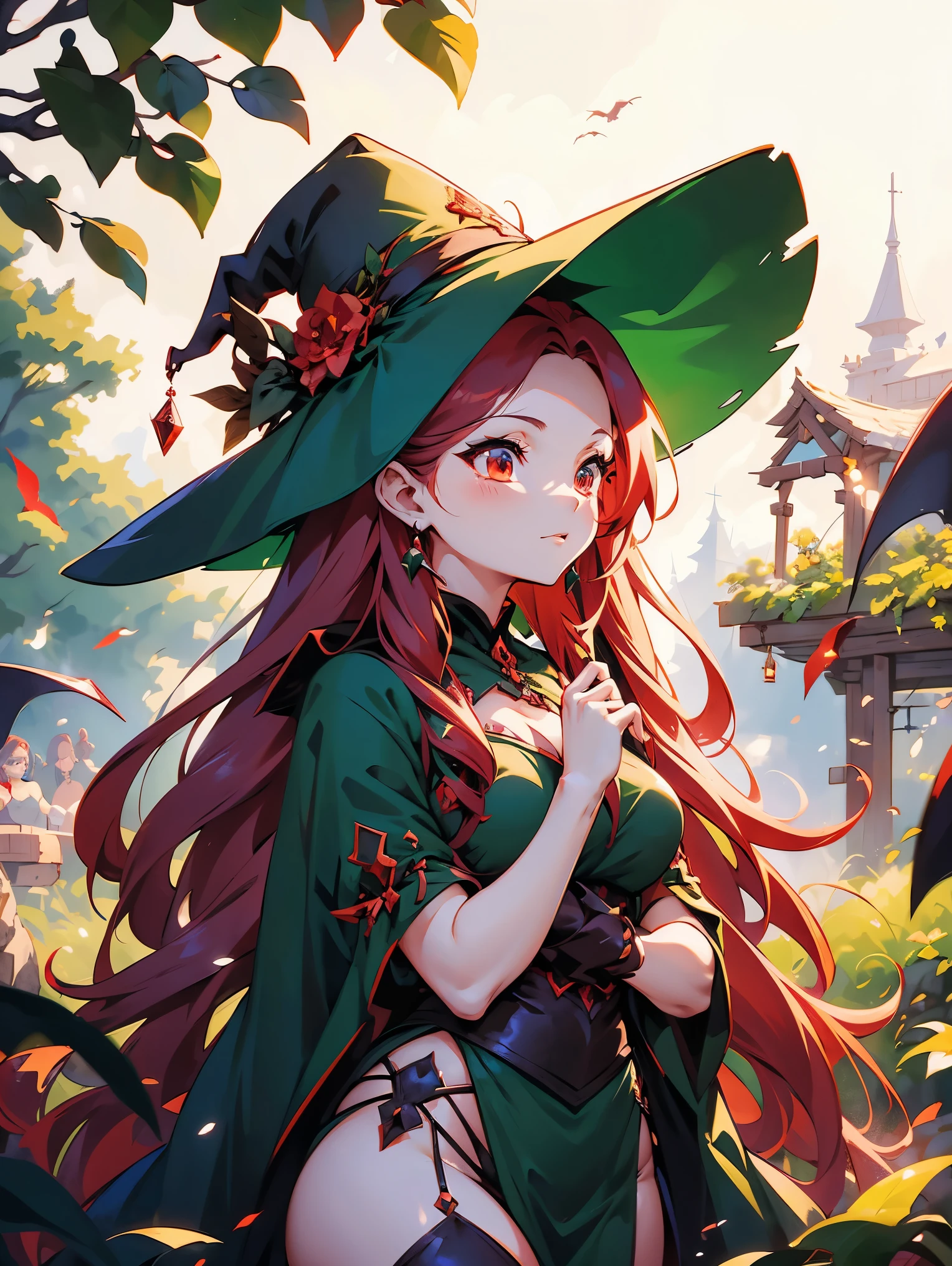 A seductive anime witch with long red hair, wearing a revealing green and black outfit. She stirs a glowing cauldron under the night sky, with eerie green mist rising around her. Her black witch’s hat is tilted slightly, and her gaze is mischievous as bats fly overhead.