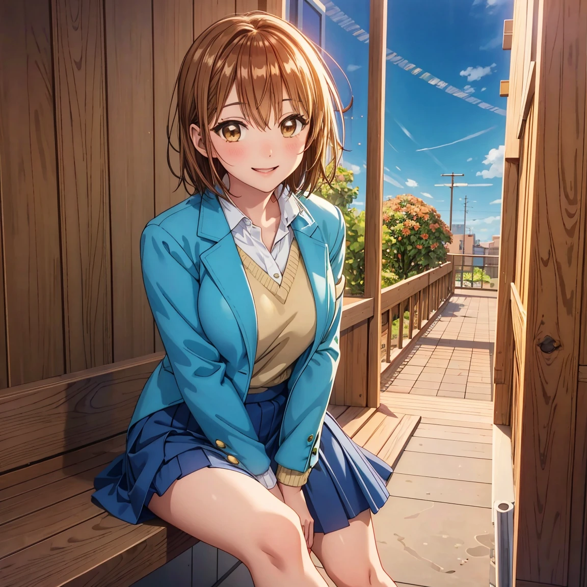 masterpiece, Best Quality, High resolution,16k,official art,super detailed skin,detailed,Kano Chinatsu,high school girl,(C cup beautiful breasts)、(tall:1.2),height: 170cm,Brown eyes, Brown Hair,Sexy long legs,Fashion model body type,gal,bangs, Blue Skirt, highschool uniform,blue jacket, white y-shirt,Staring at the audience, short hair, Sitting, smile,Muscular、1girl,big laugh,smile、Shy、Shyness,Cool look,blush,A composition that shows the upper body,cinematic lighting,Superfine,magnificent view、park、autumn,(daytime:1.5),dynamic angle,extreme closeup