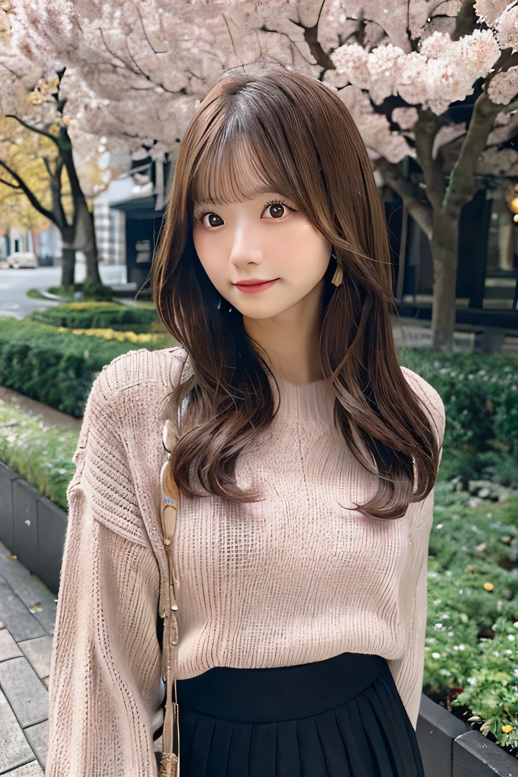 Masterpiece,best quality,high quality,detailed,ultra detailed.4K/8k,Full-HD,high resolution１gitl, medium long hair、Brown Hair、Japanese idol in her 20s 、Plump Cheeks、Pink lips、black knit sweater,white Tulip skirt,standing pose,standing naturally,full body shot,Outside,blurred,background,sunny,,sunlight