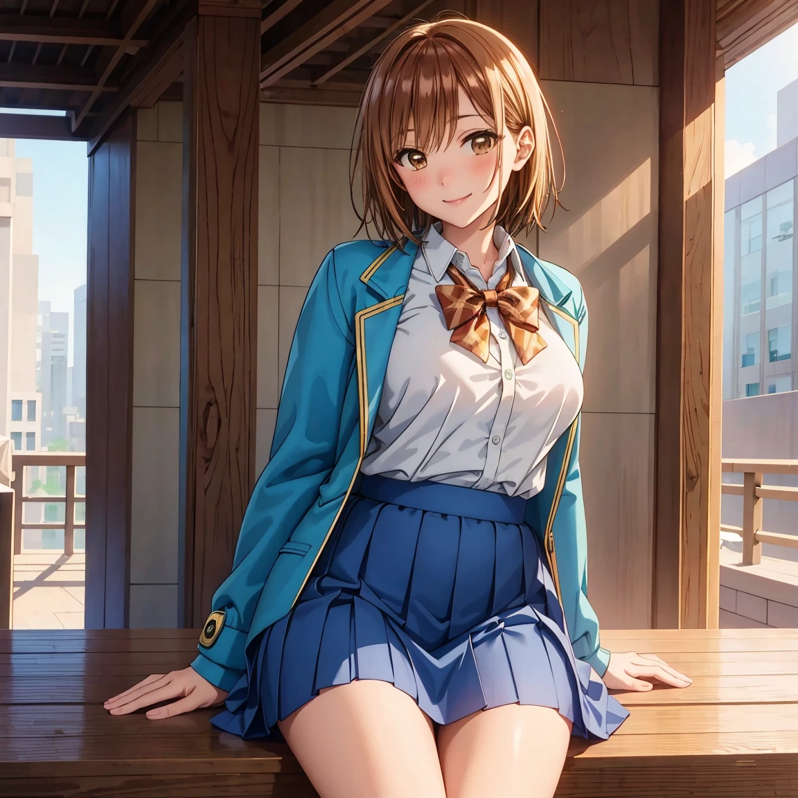 masterpiece, Best Quality, High resolution,16k,official art,super detailed skin,detailed,Kano Chinatsu,high school girl,(C cup beautiful breasts)、(tall:1.2),height: 170cm,Brown eyes, Brown Hair,Sexy long legs,Fashion model body type,gal,bangs, Blue Skirt, highschool uniform,blue jacket, white y-shirt,Staring at the audience, short hair, Sitting, smile,Muscular、1girl,big laugh,smile、Shy、Shyness,Cool look,blush,A composition that shows the upper body,cinematic lighting,Superfine,magnificent view、park、autumn,(daytime:1.5),dynamic angle,extreme closeup